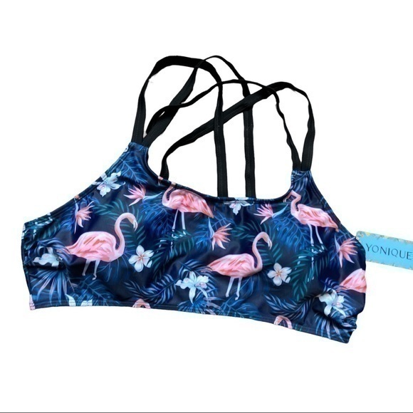 Yonique size XL bikini top, criss cross straps, removable pads , pink flamingos - Picture 1 of 7